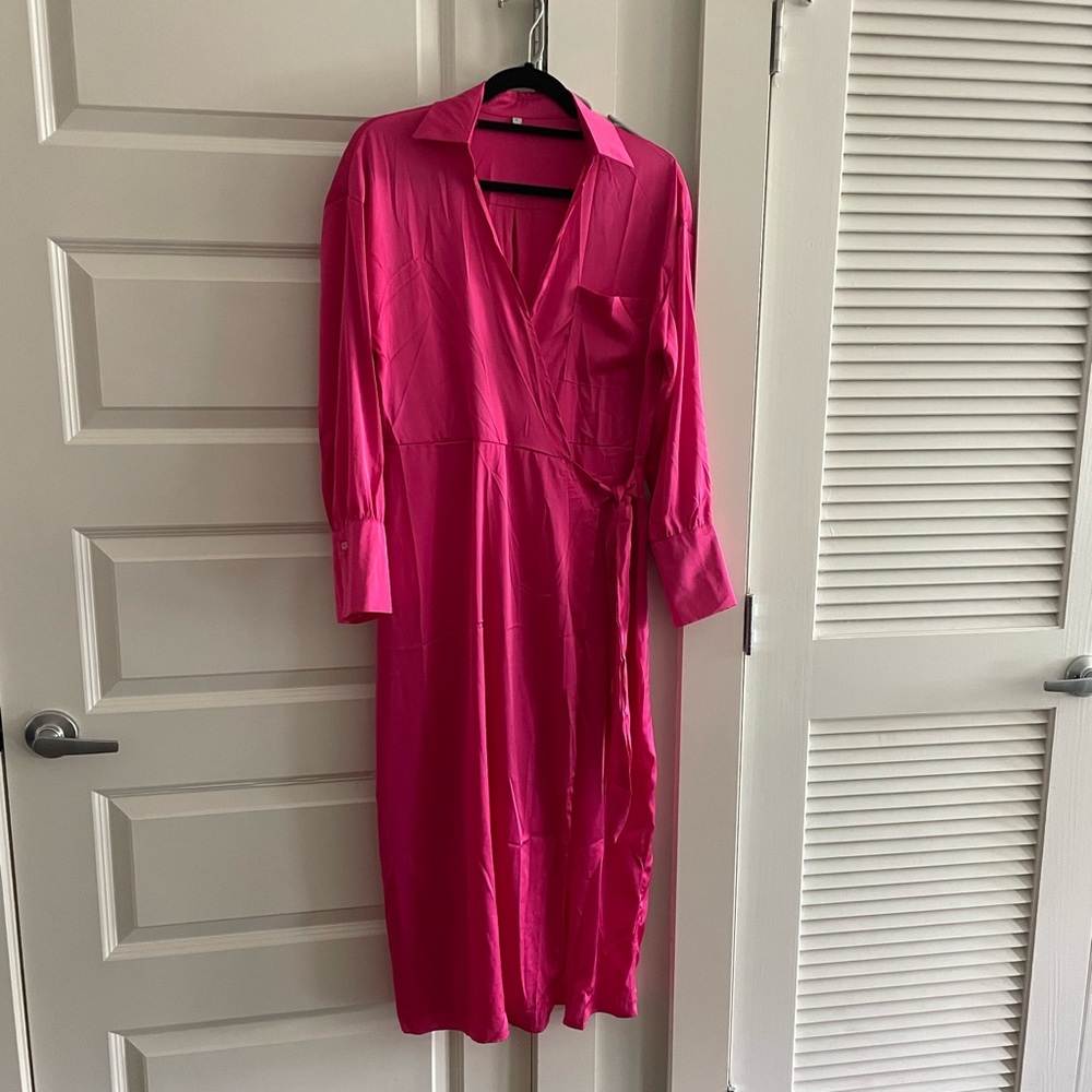 Faux silk, pink, long sleeve dress